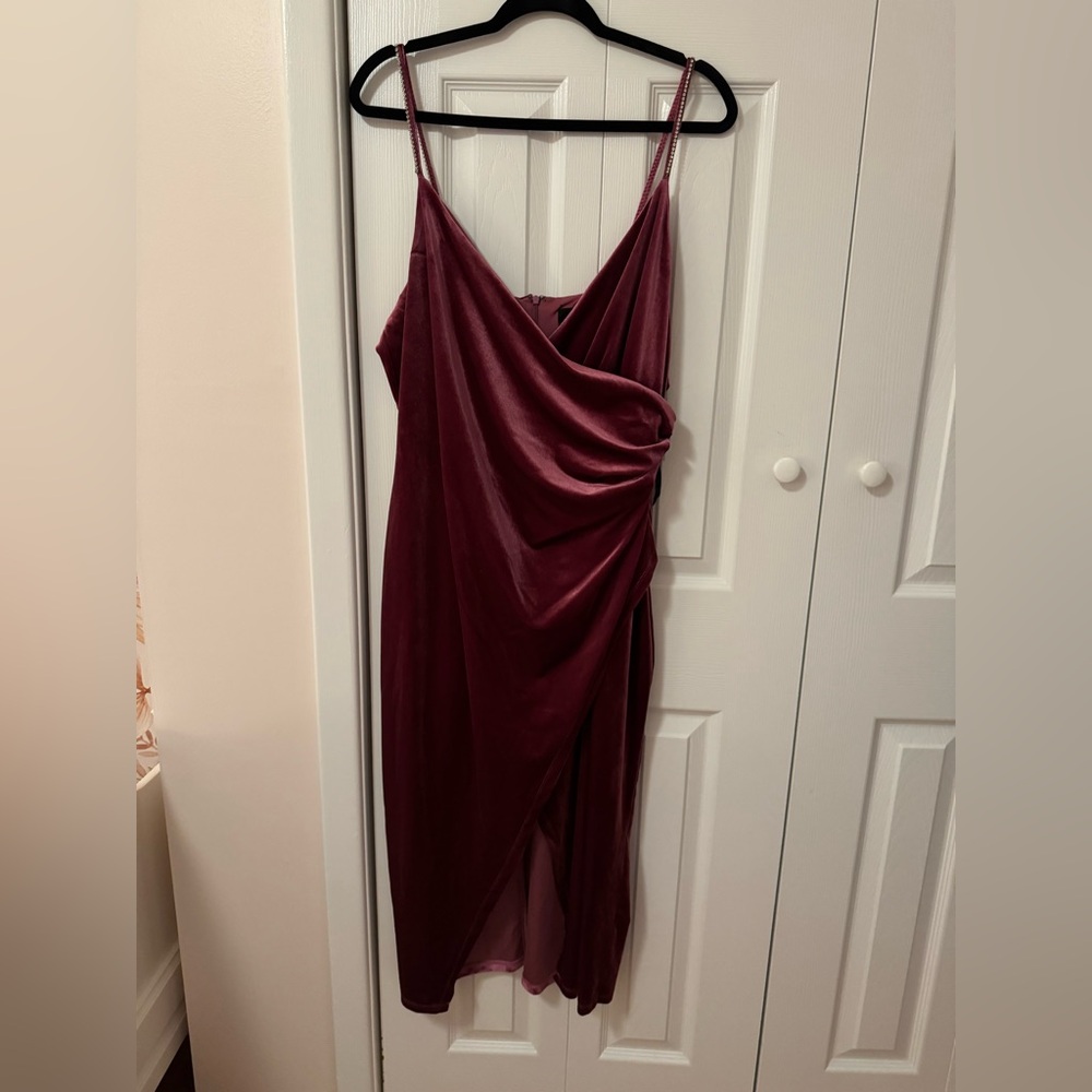 Donna Morgan Velvet Wrap Cocktail Dress Burgundy w/ Rhinestone Strap Size 16 NWT